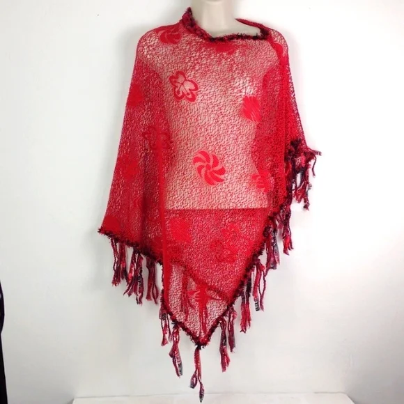 Not Your Mama's Pocncho Red Crocheted Killer Fring Super Cool Must Have Poncho! - Picture 3 of 10